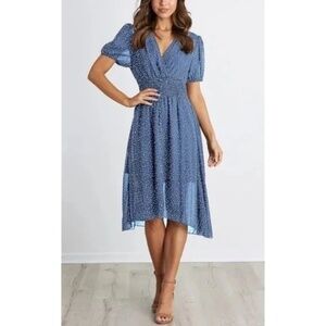 Fashion Blue V Neck Midi Sheer Lined Dress Elastic Waist Boho Chic, Size S